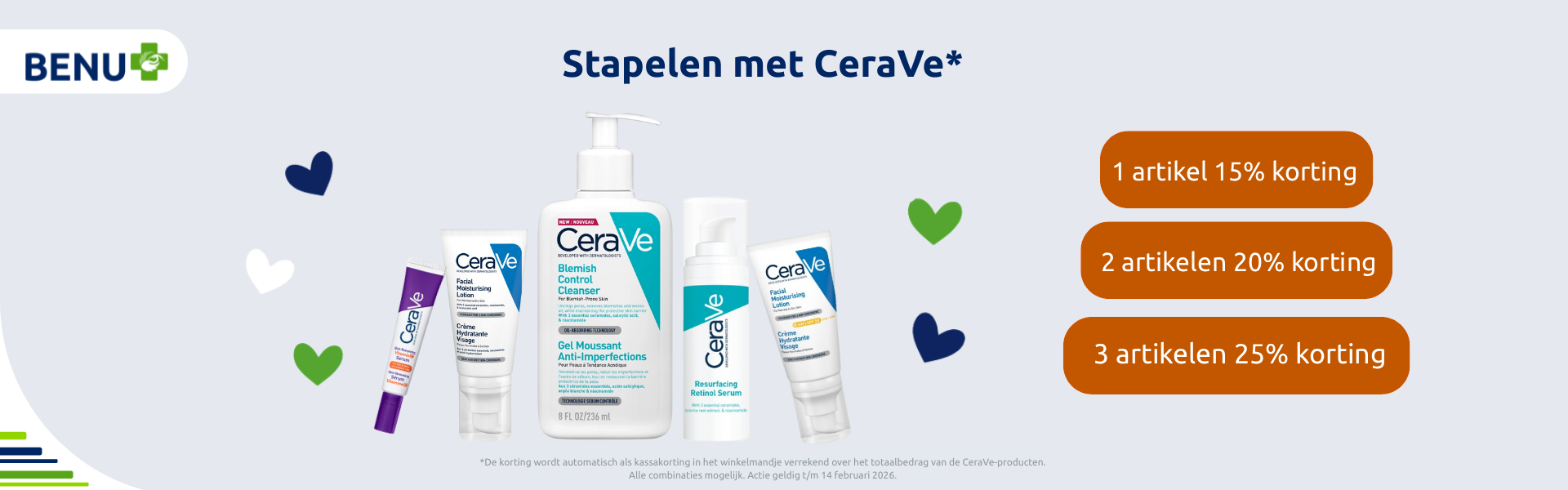 Actiebanner voor merk CeraVe met stapelkorting die oploopt tot 25% korting bij aankoop van drie CeraVe producten.
